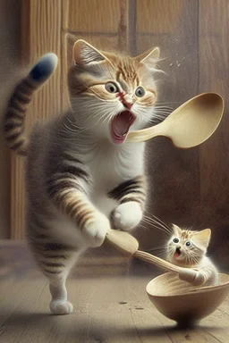 mother cat wearing an aprin using a wooden spoon to chase a baby cat