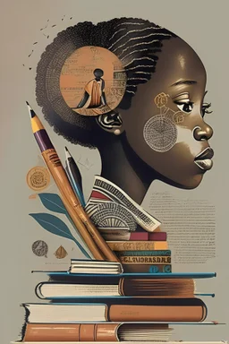 Create an image that emphasizes the importance of education and knowledge in African American and Pan-African communities. Use graphic elements such as books, pencils, and other academic symbols to convey a sense of intellectual curiosity and growth.