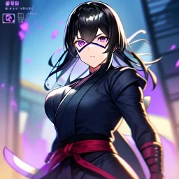 Clear focus, 8k, girl, high quality, detailed, black hair, purple eyes, beautiful lighting, vibrant colors, mask, angry, ninja