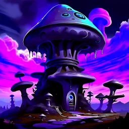 A fantabulous black, purple and blue (((mushroom tower house))) erected atop a (geologic pillar), surrounded by the uncanny imaginative ((( swirling skies))), offset by the stark hues of a (neon-tinged nebulous space scape), within. captured by the hand a skilled master painter with a focus on (softly blurred compositions and voluminous lighting).