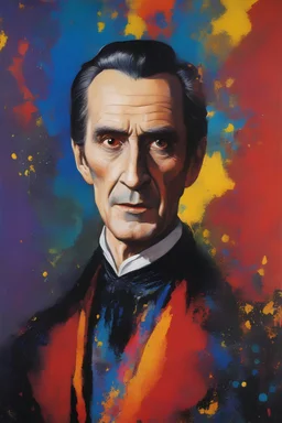 Peter Cushing as Count Dracula - extremely colorful, multicolored paint splattered wall in the background, oil painting by Leonardo da Vinci