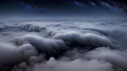 looking down from space at the mist and clouds, surrounded by the mist at night starry sky.