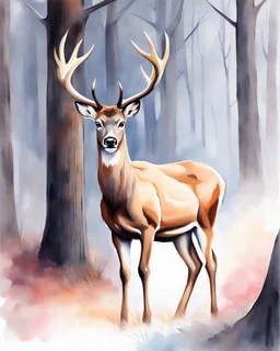 deer with antlers standing sideways, looking at viewer, realistic water color painted, among light colored tall simplified tree trunks, foggy, pastels, colorful, dark background