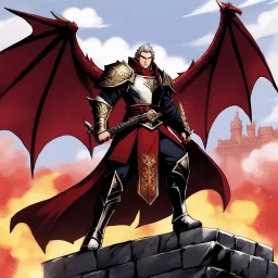 on the top of the tower [art for wii No More Heroes style with thick lines] Last of the Dragon-Blooded kings, Uther rose as a Romano-British warlord during the age of collapse. He bore the standard of the red dragon—symbol of fire, war, and conquest—and ruled with iron will and brutal charisma. Desperate to secure his legacy, he bargained with Merlin for power, deceived Igraine, and sired a son in secret: Arthur. Though mighty in battle, Uther’s pride and ambition fractured the realm, leaving be