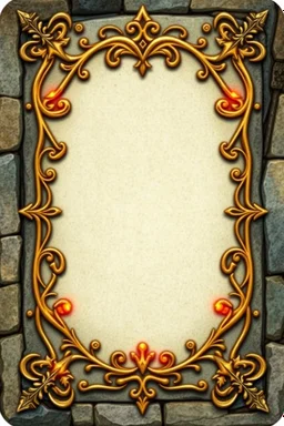 "Whimsical, fantasy-themed card border, intricate stone and gold filigree with tiny rat paw prints hidden in the design, playful medieval style, glowing runes, ornate yet readable, decorative corners, vibrant fantasy color palette."
