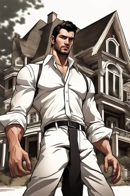 Ultra realistic photograph of muscular male in white button up shirt, dark hair cut short and stubble on chin, dark fantasy house