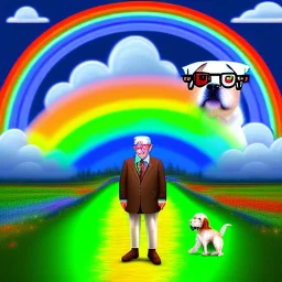 old man with glasses, with dog, travels the rainbow bridge