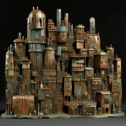 A grayish copper brown city with jazzy instrument shaped buildings designed in Moai statues painted by Gustav Klimt