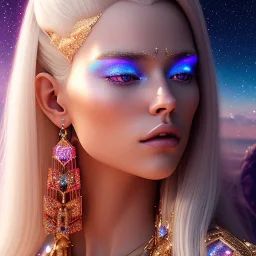 white woman long blond hair blue eyes glitter in a galactic ambiance, delicate colors in the foreground, full of details, smooth, light effect，vaporwave colorful, smooth, extremely sharp detail, finely tuned detail, ultra high definition, 8 k, unreal engine 5, ultra sharp focus