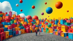 The image depicts a surreal, whimsical landscape filled with vibrant, colorful buildings that resemble abstract, geometric shapes. The buildings are densely packed and vary in size and color, creating a chaotic yet harmonious visual effect. The sky above is a gradient of blue and yellow, with large, floating, spherical objects in various colors, including red, blue, and orange. The ground is covered with a cobblestone path, and two small figures, possibly children, are standing in the middle of