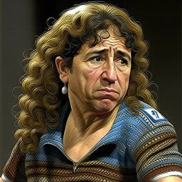 Create a highly realistic 3D scene. An imaginatively detailed rendering of Maradona transforming her into a woman with the same specifications as the attached image. The method of transforming the painting in full detail. A comedic and funny touch. Ultra wide angle. Extremely realistic fine details. Highly realistic detailed display. Great full presentation and amazing drawing style. Transfer the full detailed drawing of the image at a wide and precise angle. Inspiring professional fine d