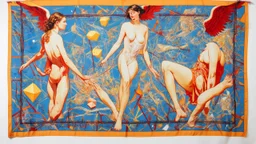 Emotional Grotesque fresco, Heaven focused collage of platonic-solids and geometry, slate-blue red orange yellow, by james jean and edward hopper, mockup for hermes scarf, multiple looks and layout, typography, square silk scarves, lookbook for hermes branding, surreal angelic Eritrean painted-female beings phi limbs, hollow anatomy, (brown emo American urban ethnicity), exploded Bauhaus colorfield scene, fine pencil rendering of ladies body curves, [purple], graffiti influence modern deco lines