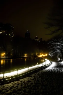 Central Park la sera con la neve. Violinista uomo che suona