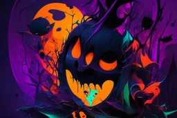 "Generate an abstract artwork that captures the eerie essence of Halloween using dark, vibrant colors and striking shapes."