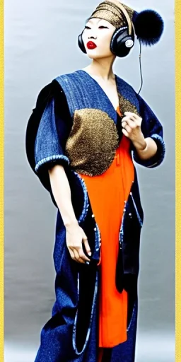 Lively Asian woman black hair. thick thigh, thick calves. Style: Haute Couture, 1920's, Helsinki fashion, late nineties.Mantle is sewed of recycled Denim and sewed together of camouflage pieces.Big headphones, with gold rings, is merged with small felt cap with small visor. A bag is integrated to the mantle. Patterns are composed of orange, cream, blue, lilac and purple. blue latex somewhere. It is with big bright purple felt tippet and cream-colored-hood. mantle is merged with tippet.