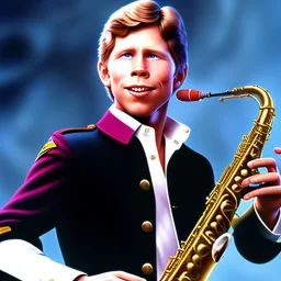 Ron howard from happy days playing the saxophone, his eyes are closed, rock band