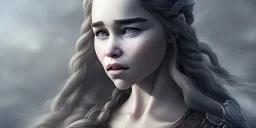 emilia clarke, rosto muito detalhado, realista, vestindo roupa viking, efeito de névoa, efeito de particulas