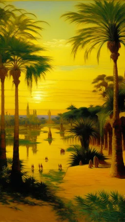 A golden yellow Egyptian kingdom near an oasis painted by Claude Monet