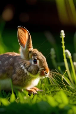 a young rabbit eating grass in a garden in evening light