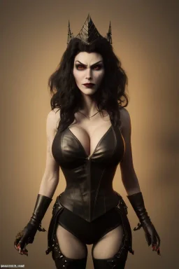 Amy Dumas as evil queen in black leather, leather, busty, cleavage, angry, rage, stern look. character design by cory loftis, fenghua zhong, ryohei hase, ismail inceoglu and ruan jia. unreal engine 5, artistic lighting, highly detailed, photorealistic, fantasy