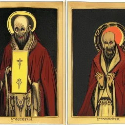 Nosferatu vampire with a beard and vampire fangs as a Russian Orthodox bishop with four arms with long claws and yellow eyes