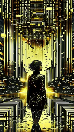 Big city , many levels ,minimalism,Abstract black and gold minimalism geometric surreal beautiful fashion portrait,splash art explosion,minimalist surreal surrounding background,surreal lonely depth,deep soul spirit,fantasy surreal geometry,flat,utopia,album art,cover art,album cover,cinematic,8k,epic movie still,sharp focus,by Gustav Klimt,pascal blanche,rutkowski,repin,artstation hyperrealism painting concept art of detailed character,design matte painting,leaf