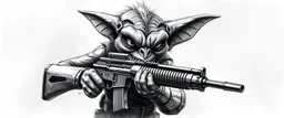 airbrush 3d with pen outline, mongrel goblin gremlin holding uzi, charcoal border