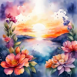 Transform your imagination into reality with a breathtaking image of a mesmerizing sunset drop, closed full lips, and a burst of vibrant flowers. watercolour illustration.