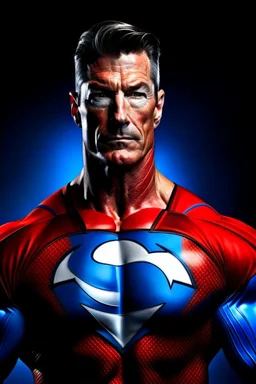 extremely muscular, short, curly, buzz-cut, military-style haircut, pitch black hair, Paul Stanley/Elvis Presley/Pierce Brosnan/Jon Bernthal/Sean Bean/Dolph Lundgren/Keanu Reeves/Patrick Swayze/ hybrid, as the extremely muscular Superhero "SUPERSONIC" in an original patriotic red, white and blue, "Supersonic" suit with an America Flag Cape,