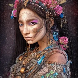 Insanely detailed photograph of an “portrait of gorgeous Aztec goddess ” with intricate hair, intricate embroidered dress, beautiful clear face and hyperdetailed painting by Ismail Inceoglu Huang Guangjian and Dan Witz CGSociety ZBrush Central fantasy art album cover art,8K, hdr, romantic, mysterious, ominous, flowers, jewelry, comfort, natural eyes, "arms open for embrace"