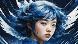 Thoughts fly higher than the roof, Beautiful portrait painted by Katsushika Hokusai, beautiful girl in cyberpunk style, symmetry, hyper-detailed, illustration of dark blue tones, photorealism, 3d, 64k, high resolution, hyperrealism, f/16, 1/300 s.