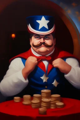 Fat captan america burguese mustache at the casino oil canvas.