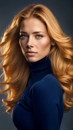 A portrait of a confident young woman with flowing golden hair and striking features. She's wearing a form-fitting navy turtleneck that accentuates her silhouette, paired with classic blue jeans. Her posture is poised and graceful, with one hand gently resting on her hip. The soft lighting highlights her facial structure and the smooth texture of her hair, creating an image that's both vibrant and stylish.