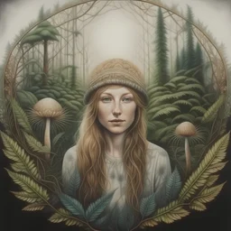 realistic like a photo light colours mandala muschroom woman forest fern