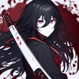 Clear focus, High resolution, rough line sketch art, long black hair, hair between eyes, fluffy hair, purple eyes, wearing a black and red sailor uniform, dark aura, mad, holding katana, bloody mess