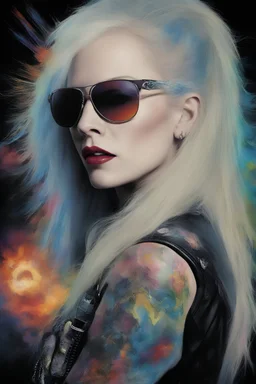 head and shoulders image, Lita Ford - Kiss Me Deadly - Reptilian-skinned - Ray-Ban sunglasses - Motley Crue - gothic pale-skinned vampire, Painting with fire and multicolored electrified cosmic clouds, by Hoy Tong Lu - Multicolored lightning -a smiling, long, blonde hair, blue eyes, goth makeup, black leather biker's jacket, black leather pants, combat boots, black fingerless gloves, sitting on in the forest next to a fire,