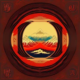 Ukiyo-e styled art, yin and yang sign, mountains and sun