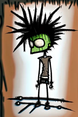 2d drawing of a stickman, cool with punk hair, x eyes like in hangman, laying flat on stomach,backside view,3d realistic in colour