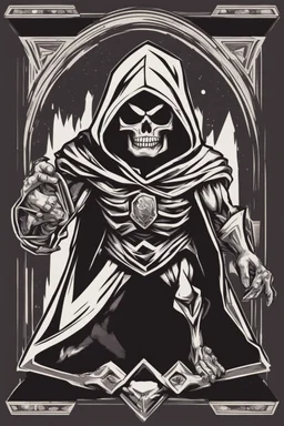 inside a diamond shape, skeletor motu in a black hooded cloak drawn in a retro mascot style, monochromatic