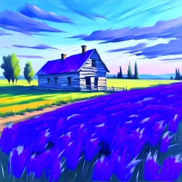 purple field with a wooden house in the middle in oil painting