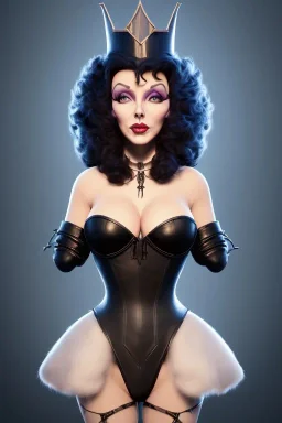 Joan Collins as evil queen in black leather, leather, busty, cleavage, angry, stern look. character design by cory loftis, fenghua zhong, ryohei hase, ismail inceoglu and ruan jia. unreal engine 5, artistic lighting, highly detailed, photorealistic, fantasy