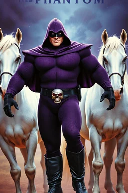 Movie Poster - ((("THE PHANTOM"))), extremely thick, muscular, 6'6'' 18-year-old Billy Zane with extremely exaggerated muscles as the Phantom, long-sleeved, textured, padded purple cotton bodysuit with skintight, formfitting textured purple cotton cowl with ((black eye mask)) and widow peak, black gloves and wrist gauntlets, black boots, double holstered utility belt, skull-shaped belt buckle, glowing, white eyes, standing next to his white horses, captured in a breath-taking explosion of color,