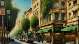 a modern street of Tehran with cafe shops . oil painting