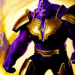 fullbody portrait in oil on canvas of Thanos with Big Golden Hulkbuster armor, intense stare, masterpiece, realistic, intricate detail, sci-fi fantasy style, volumetric lighting, particles, highly detailed ,cinematic , deep colours, 8k, by Robert E Howard and Ken Kelly