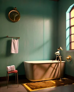 Bathroom scene with big hair monster, Wes Anderson style, realistic photo, realistic image, concept art, smooth, unreal engine 5, god lights, ray tracing, RTX, lumen lighting, ultra detail, volumetric lighting, 3d.