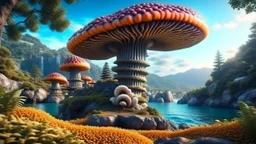 Hyperrealistic shot of exotic giant mushrooms with tentacles on a rocky shoreline, trees, arches, bridges, and cliffs