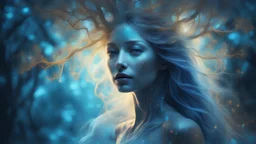 The photo is in a bioluminescent and bioluminescent art style depicting a divine tree woman, double exposure, Bioluminescent dewy translucent glowing skin, ethereal glowing eyes, long neck, perfect face in ultra-realistic details, blue hues, flowing hair, The composition imitates a cinematic film with dazzling, gold and silver lighting effects. Intricate details, sharp focus, crystal clear skin create high detail. 3d, 64k, high resolution, high detail, computer graphics, hyperrealism, f/16, 1/30