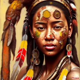 native American portrait, rust, scaffolding, iron cladding, decay, mixed media, dark textured, anatomically correct, beautiful perfect face, sharp focus, highly detailed