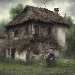 foto de costas, homem sentado longe, vila abandonada, chuva