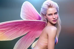 beautiful fairy very etheric, nice smiling, long blond hair, magic glamour pink make up, delicate colors, complete vision of very transparent and big wings, beautiful glamour transparent dress, ultra sharp focus, 8k, unreal engine 5, extremely sharp detail, light effect, soft light atmosphere, smooth, full of details, face in front, complete vision of face and hair and of the body